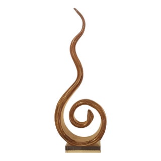 Contemporary Amber & Clear Hand-Blown Art Glass Ribbon Sculpture on Crystal Base For Sale