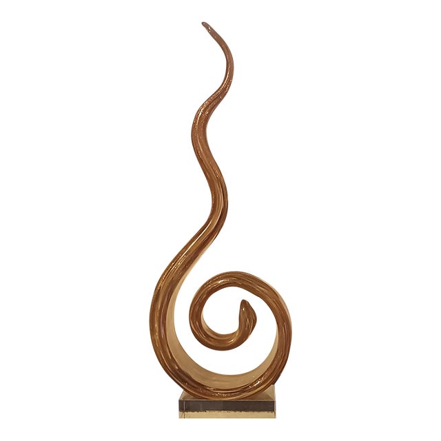 Contemporary Amber & Clear Hand-Blown Art Glass Ribbon Sculpture on Crystal Base For Sale