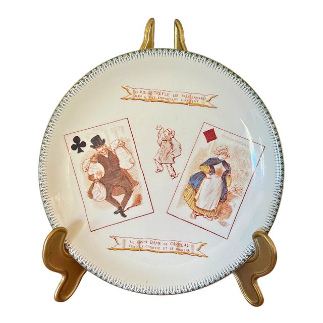 19th Century Set of 6 French Majolica Choisy-Le-Roi Plates, Humour Playing Cards For Sale - Image 4 of 8