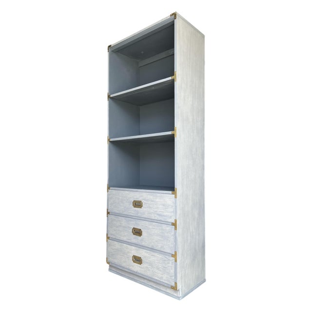 Campaign Restored 1960s Campaign Style Bookcase in Light Gray With Brass Hardware – Three Drawers, Open Shelves For Sale - Image 3 of 12