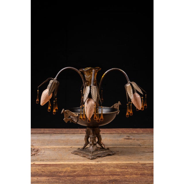 Art Nouveau Early 20th Century Art Nouveau Brass and Amber Glass Tear Drop Epergne Lamp For Sale - Image 3 of 18