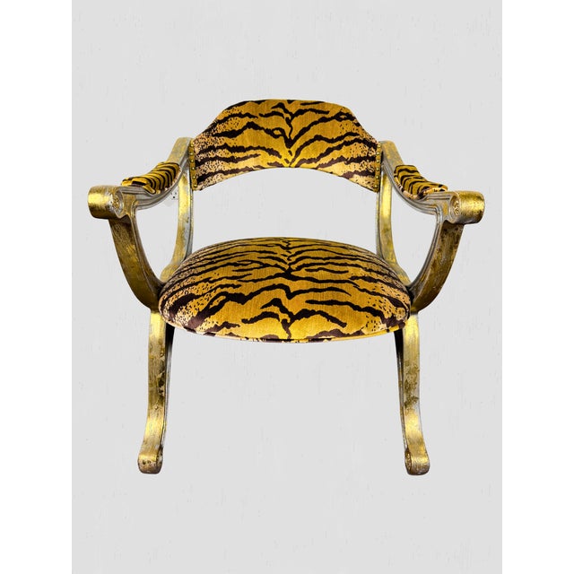 Traditional Vintage Curule Style Chair Pair Newly Upholstered Silk Tiger Velvet For Sale - Image 3 of 15