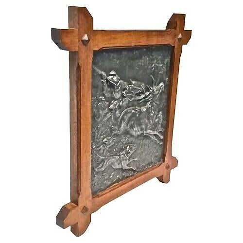 Vintage framed bonded bronze composite stag hunt scene wall plaque. Depicts a hunt scene in three-dimensional relief....