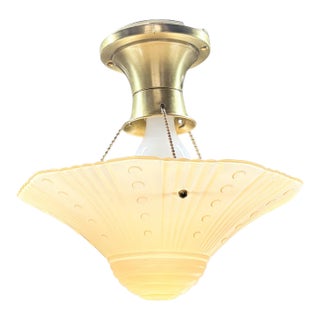 Vintage Three Chain Bowl Light Amber Glass Bedroom or Hallway Ceiling Light Restored Brushed Brass and New Wiring For Sale