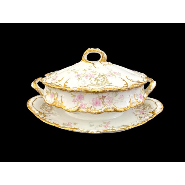 Late 19th C. Theodore Haviland Gold, Pink, Roses Lidded Sauce Boat W Attached Liner For Sale - Image 12 of 17