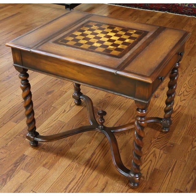 2000 - 2009 Theodore Alexander Walnut and Burled Walnut Spiral Leg Leather Top Game Table For Sale - Image 5 of 12