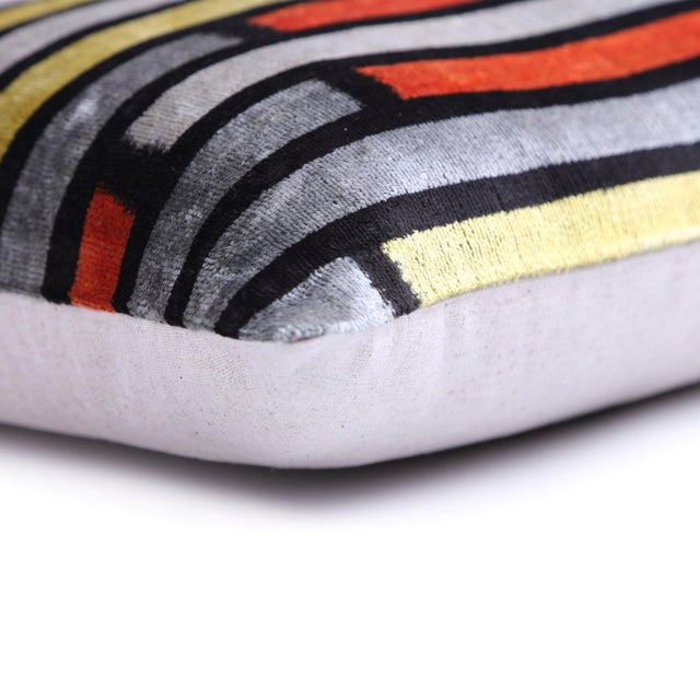 Handmade 16x16 Velvet Pillow – Striped Orange, Yellow & Gray For Sale In San Francisco - Image 6 of 8