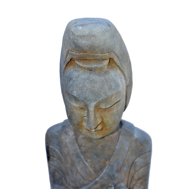 Pair Monumental Antique 48" Solid Stone Chinese Court Lady Figure Statues Tang Style For Sale - Image 16 of 18
