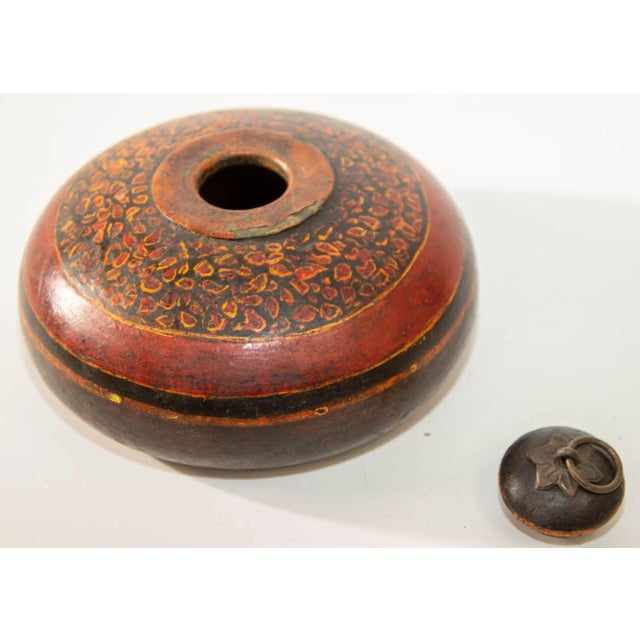 Wood Vintage Asian Red and Black Painted Wooden Round Lidded Box With Metal Ring Handle For Sale - Image 7 of 17