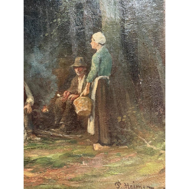 Modern Paul Heimen, Rest in the Woods, Forest Landscape, Farmers, Campfire, Oil Painting on Canvas For Sale - Image 3 of 13