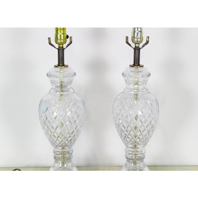 Mid Century Cut Crystal Glass Table Lamps on Marble Bases a Pair