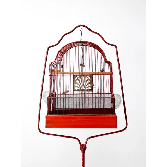 Wood Antique Red Bird Cage with Cast Iron Stand For Sale - Image 7 of 10