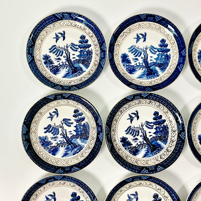 1940s Vintage Japanese Chinoiserie Hollywood Regency Blue Willow Small Plates - Set of 12 For Sale - Image 11 of 13