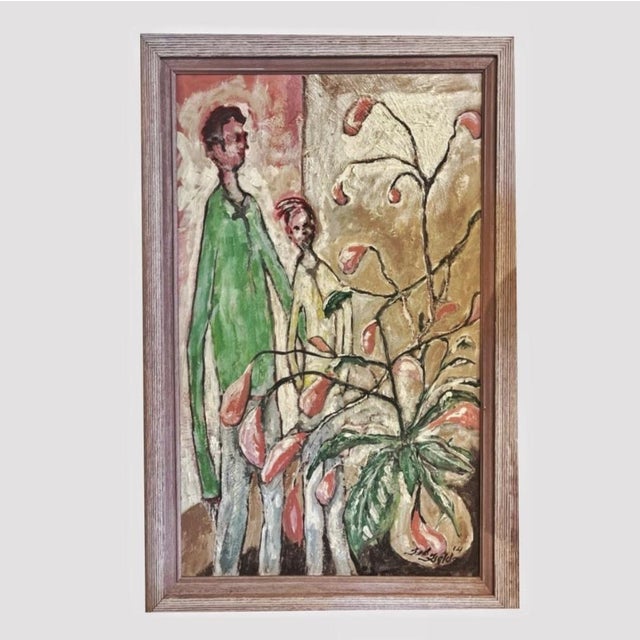 A confident modernist interior, with two slender males (father and son?) and a spindly houseplant, by D.C., artist TED...
