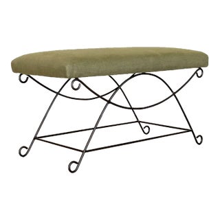 Iron Loop Bench, Green Linen For Sale