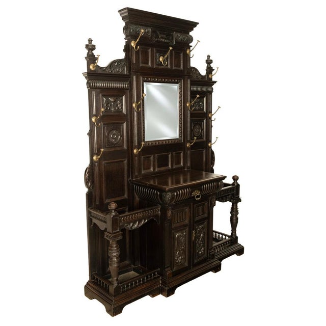 Traditional Antique Monumental Renaissance Revival Carved Oak Hall Tree Stand Mirror 1890 For Sale - Image 3 of 14