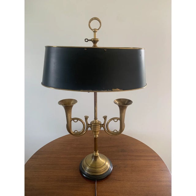 Chapman Manufacturing Company Mid-20th Century English Country Brass Horn Bouillotte Lamp With Black Tole Shade For Sale - Image 4 of 12