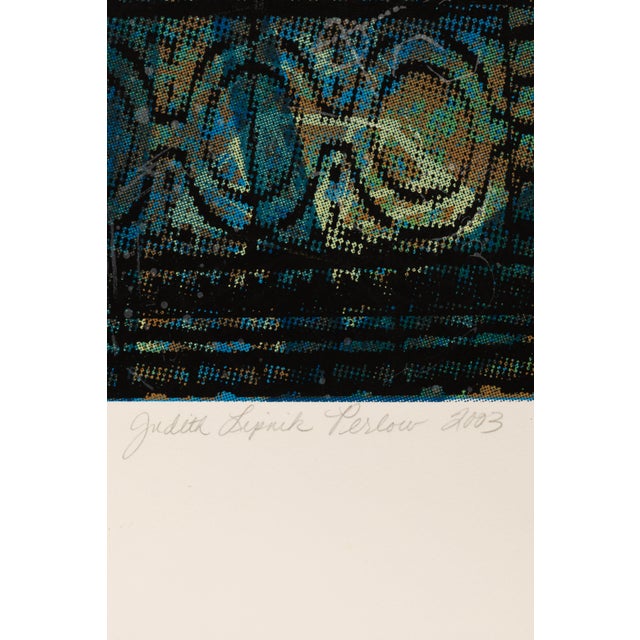 A color serigraph depicting a classical column rendered in teal and turquoise tones against a layered blue and gold ground...