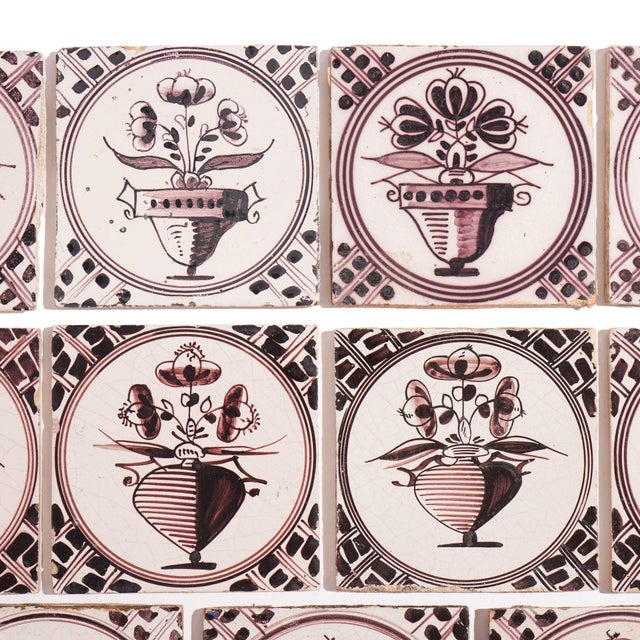 Set of 18 Mulberry Decorated Delft Tiles, C. 1700's For Sale - Image 4 of 11