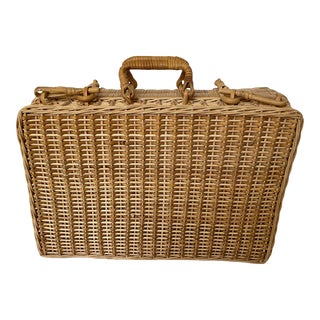Vintage French Wicker Woven Picnic Suitcase Basket For Sale