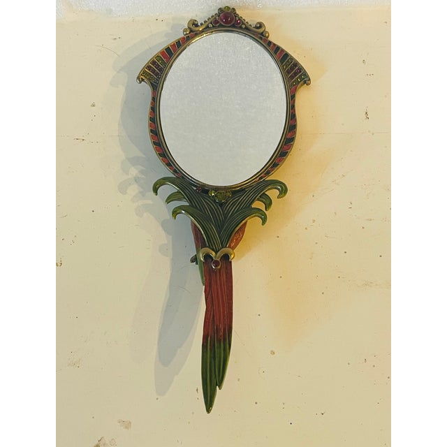 1950s Antque Cloisonné Jay Strongwater Style Hand Mirror With Partrot For Sale - Image 5 of 7