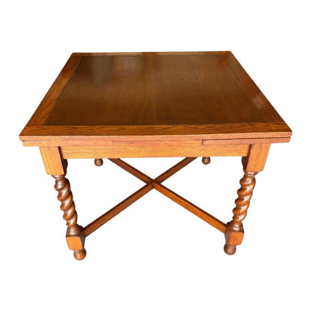 American Professionally Restored - 1930s Draw Leaf Table - Solid Oak - Barley Twist (#19). For Sale - Image 3 of 10