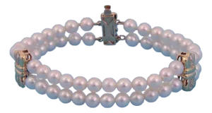 Mikimoto Pearl & Diamond 18k Yellow Gold Bow Motif 2 Strand Bracelet