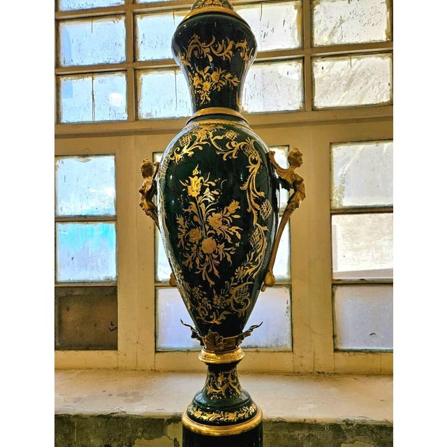 French Style Bottle Green Decorative Vase Set With Gold Leaf & Bronze Accents For Sale - Image 4 of 5