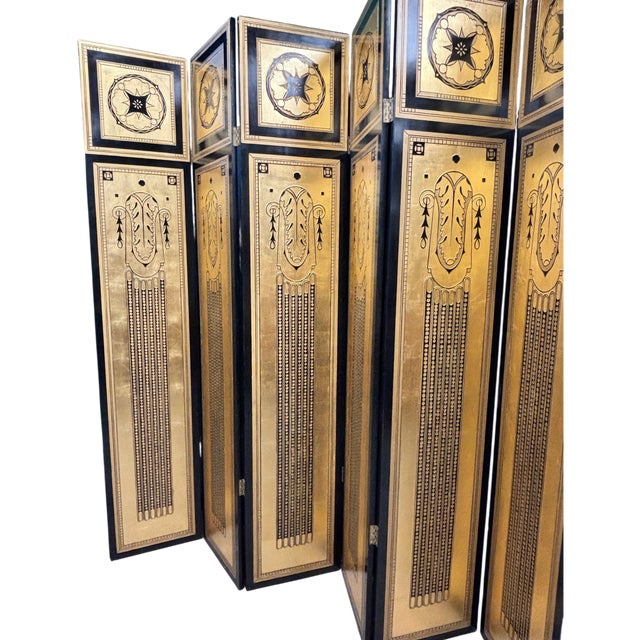Gold Striking Six-Panel Art Deco Carved Black Lacquer and Gilt Screen For Sale - Image 8 of 16
