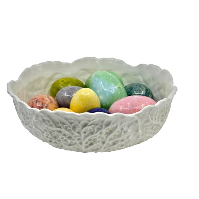 Vintage Majolica Style White Cabbage Bowl With Colorful Alabaster Eggs Made in Italy- Set of 11 Pieces For Sale - Image 10 of 12