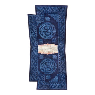 1930s Blue Geometric Medallion Antique Chinese Horse Corver Hand Knotted Rug 1'10"x4' Wool Carpet For Sale