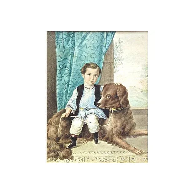 Antique; 19th century, Russian, watercolor, portrait of a boy and dog in a vintage mat and frame. Frame has carved gilt...
