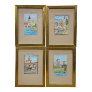 Mid Century Helen McRae European Architectural Watercolor Landscape Paintings - Set of 4 For Sale