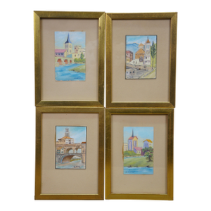 Mid Century Helen McRae European Architectural Watercolor Landscape Paintings - Set of 4