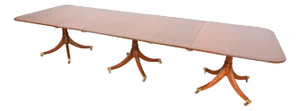Baker Furniture Style Georgian Banded Mahogany Triple Pedestal Extension Dining Table, Newly Refinished