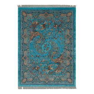 Rug & Kilim’s Modern Rug, Turquoise With Vivid Hunting Pictorials “Shekargah” For Sale