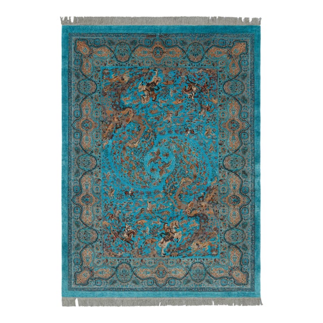 Rug & Kilim’s Modern Rug, Turquoise With Vivid Hunting Pictorials “Shekargah” For Sale