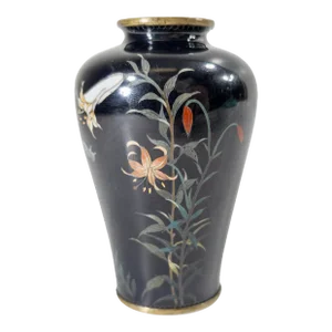 20th Century Japanese Cloisonne Enamel Vase With Silver Wire Lillies