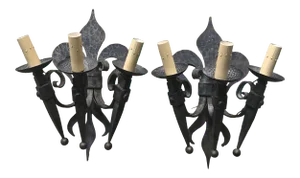 1950s French Hammered Fleur-De-Lys Iron 3-Arm Sconces - a Pair