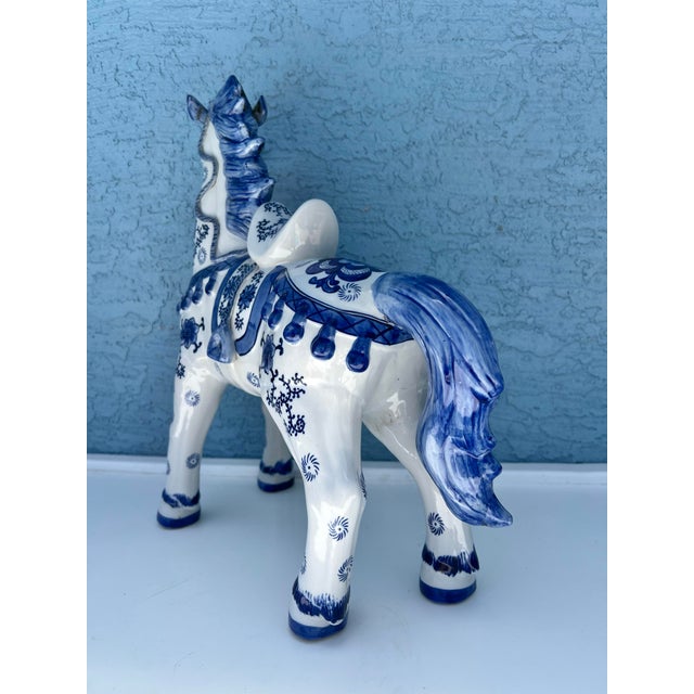 Vintage Blue & White Ceramic Tang Dynasty War Horse For Sale - Image 9 of 12