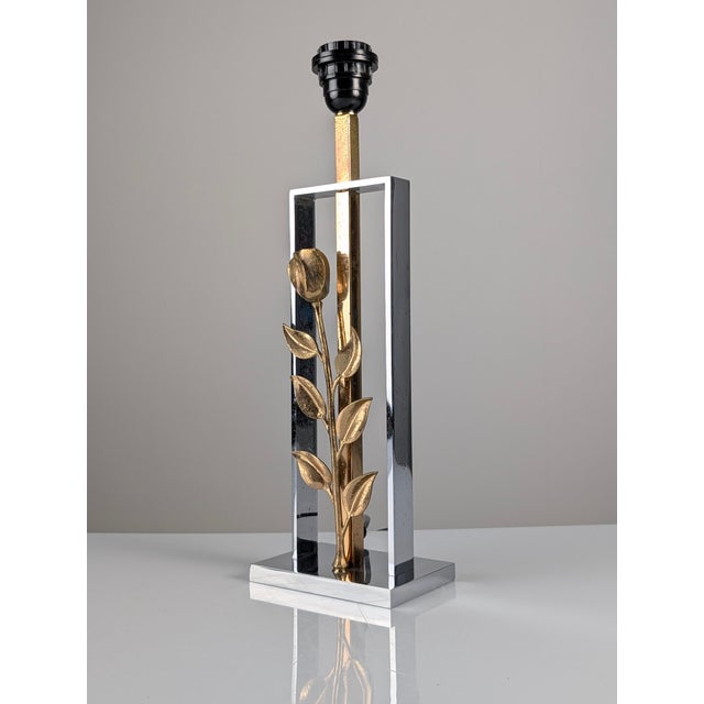 Chrome and Gilt Bronze Rose Table Lamp attributed to Maison Charles, France, 1970s For Sale - Image 10 of 14