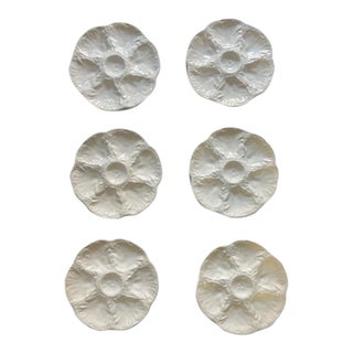 1960s French Gien White Barbotine Majolica Oyster Plates - Set of 6 For Sale