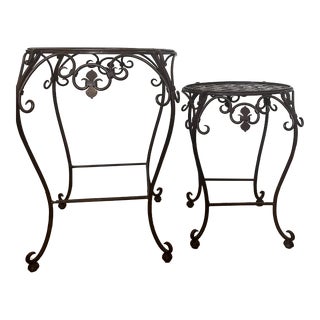 Graduated Wrought Iron Basket Weave Accent Tables, Tuscan French Country Plant Stands – Pair For Sale