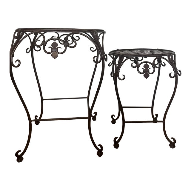 Graduated Wrought Iron Basket Weave Accent Tables, Tuscan French Country Plant Stands – Pair For Sale