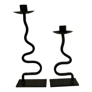 Post Modern Handmade Iron Squiggle Candlesticks- Set of 2 For Sale