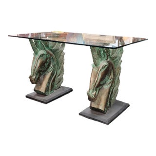 1960s Mid-Century Brutalist Unicorn Horse Head Bases With Original Glass Top Dining Table For Sale