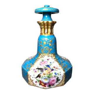Mid 19th Century French Rococo Revival Old Paris Celeste Bleu Turquoise Porcelain Painted Bird/Floral Motifs Scent Bottle Attributed to Jacob Petit For Sale