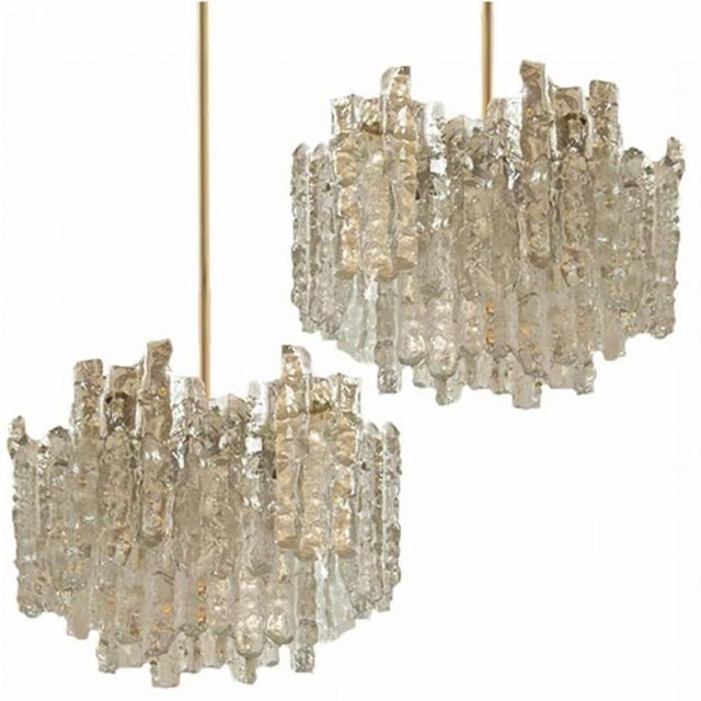 Modern Brass Two-Tiered Ice Glass Pendant Chandeliers attributed to J. T. Kalmar for Kalmar, 1970s, Set of 2 For Sale - Image 12 of 13