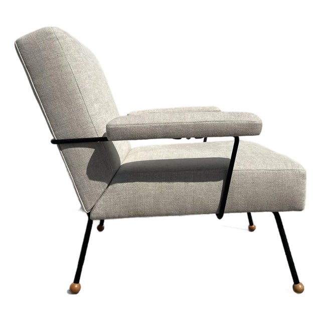 1950s Lounge Chair Attributed to Milo Baughman, Black Iron, Kravet Beligan Linen For Sale