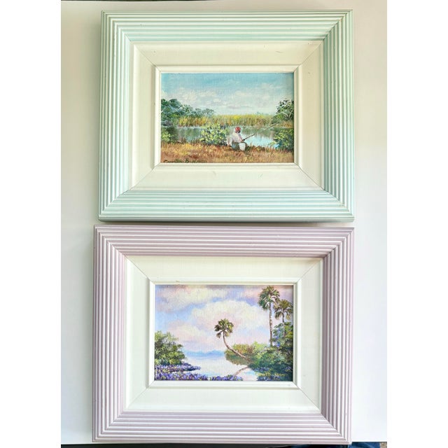 1970s Original Carolton Barron Florida Marsh Landscape Painting in Light Blue Frame For Sale - Image 9 of 9